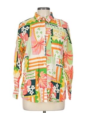 Hausen Tropical Patchwork Bright Button-Up Shirt in Coral, Green & White